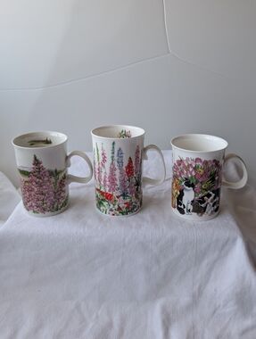 Lot Of 3 Dunoon Ceramic Mugs - Floral & Cat Designs